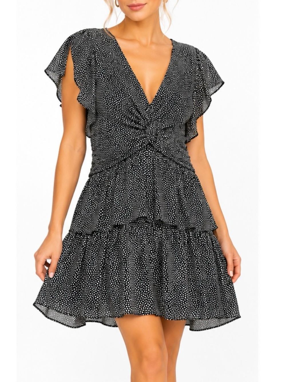 A.L.C. Viera Rimini Dot Print 100% Silk V-Neck Split Flutter Sleeve Dress Size 4